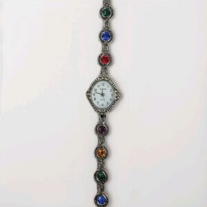 Ladies Silver Toned Analog Rhinestones Watch Colorful  Antiqued Oval Face